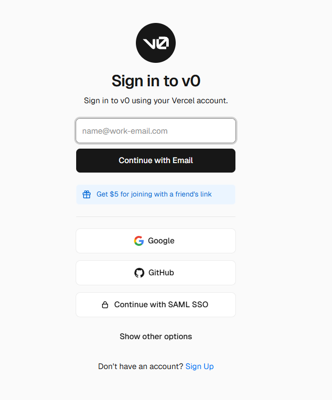 V0 sign up screen showing Vercel authentication options