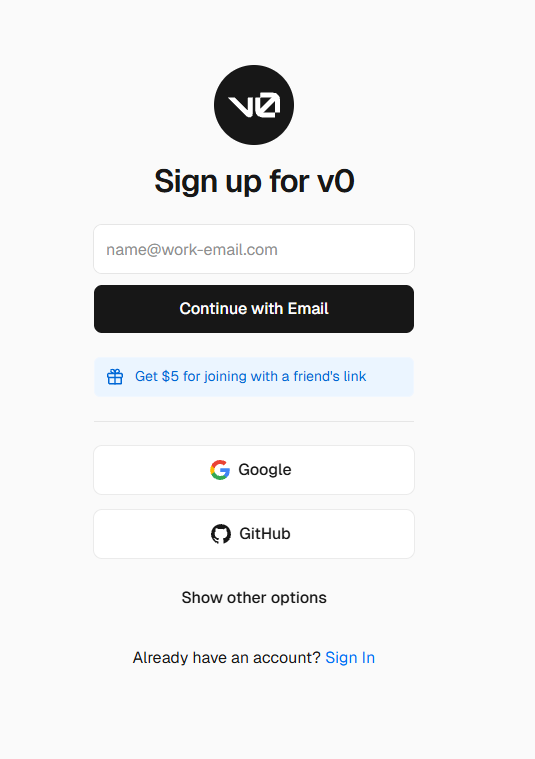 v0 by Vercel logo and interface showing generative AI capabilities for frontend development